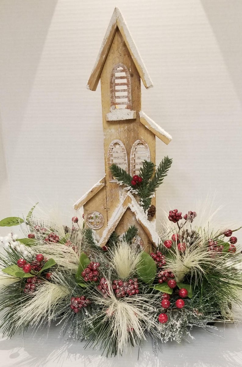Christmas Church Table Centerpiece, Winter Country Church Arrangement