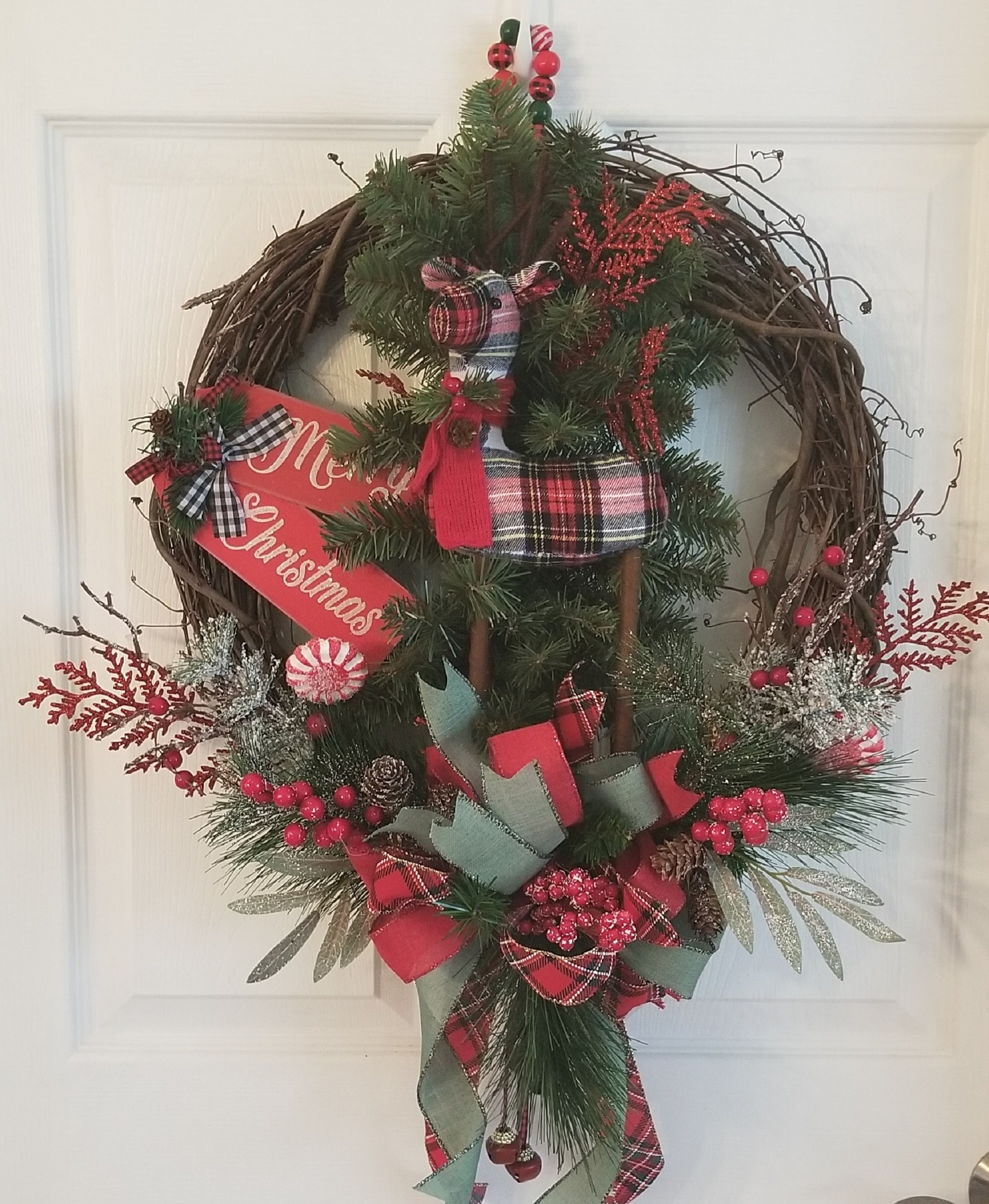 Reindeer Christmas Grapevine Front Door Wreath, Red Green Merry ...