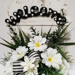 Black White Daisy Hanging Welcome Sign, Modern Farmhouse Black White Striped Polka Dot Flower Garden Box Centerpiece, Shelf Wall Decoration