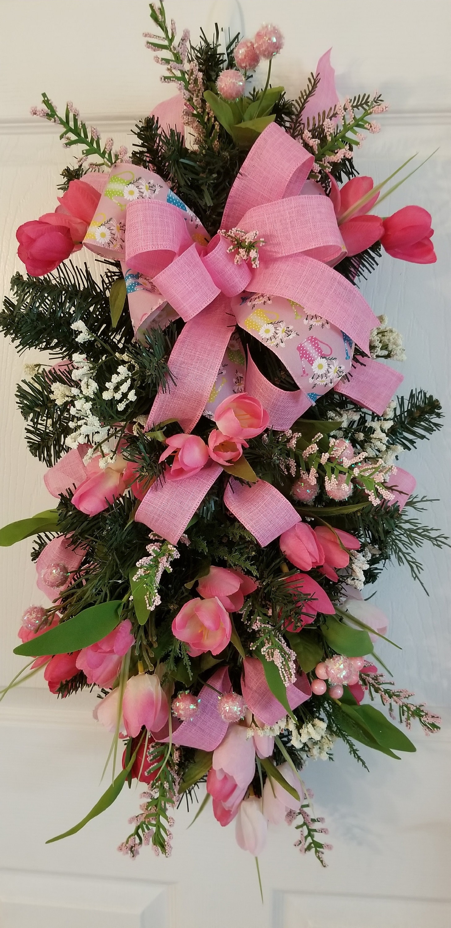 Pink Tulip Spring Front Door Swag, Summer Floral Front Porch Wreath