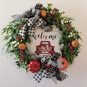 Farmhouse Front Door Wreath, Fall Grapevine Floral Decor, Buffalo Plaid Red Truck Welcome Front Porch Wreath,Pumpkin Grapevine Wreath
