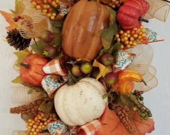 Fall Pumpkin Door Swag, Deco Mesh, Wired Ribbon, Autumn Decor