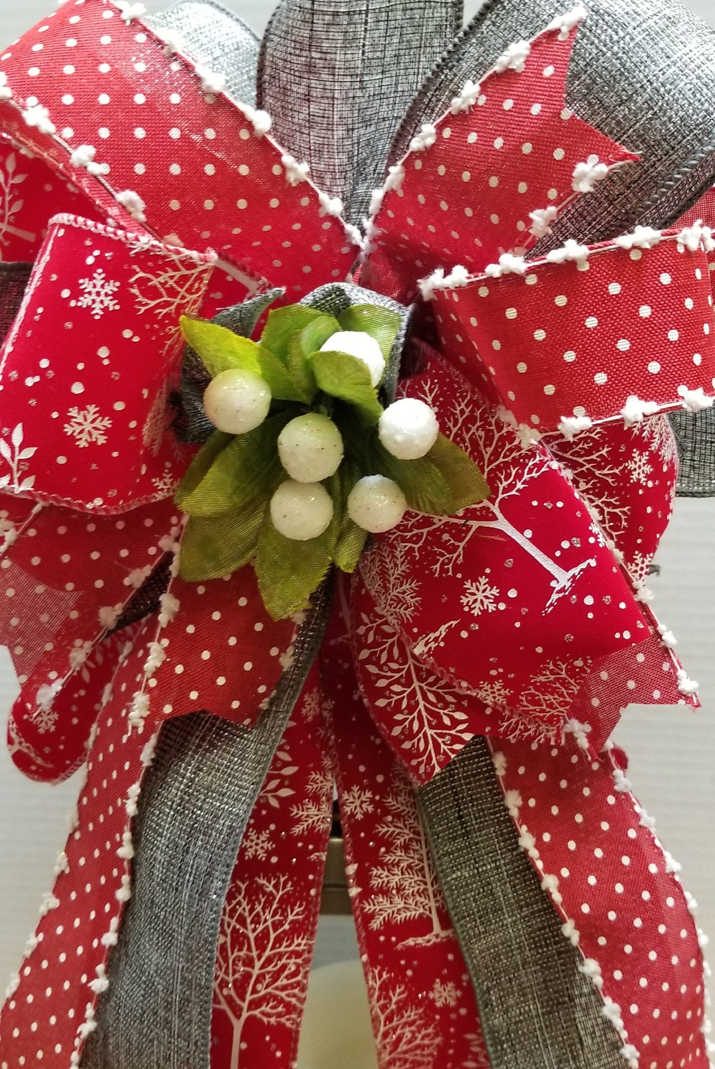 Christmas Wreath Bow Front Door, Red White Lantern Bow, Christmas Tree
