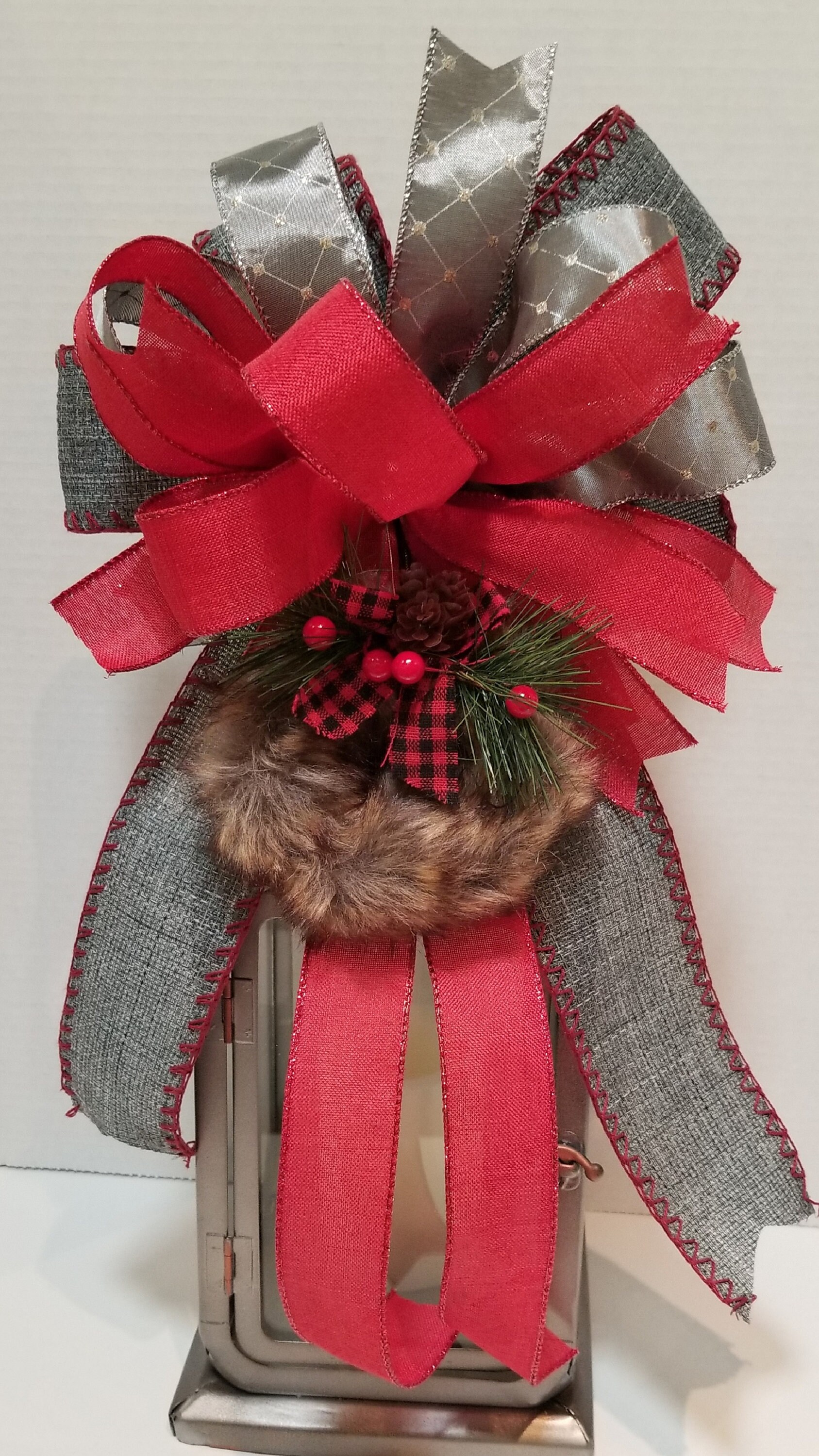 Christmas Bow Front Door Wreath,silver Red Fur Wreath Christmas Swag