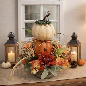 Fall Pumpkin Topiary: Stacked Cream Pumpkin Floral Arrangement