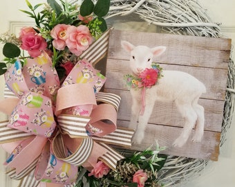 Spring Front Door Lamb Wreath, Cottage Chic Grapevine Wreath with Lamb, Mother's Day Gift, Baby Lamb Nursery Door Decor, Spring Lamb Wreath