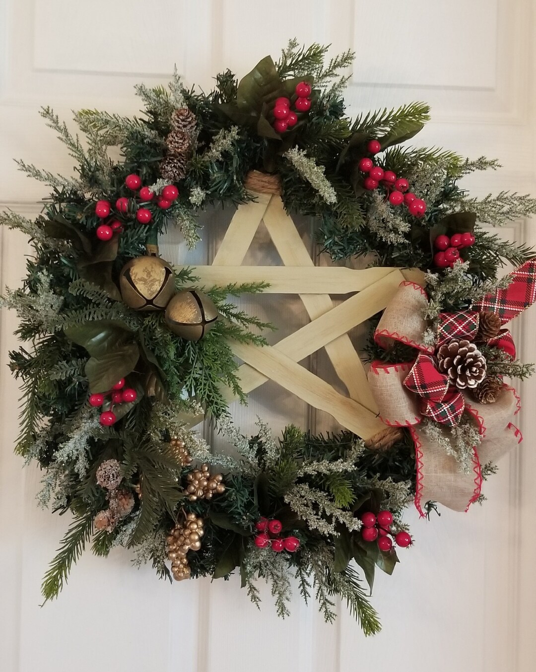 Rustic Wood Christmas Star Wreath With Gold Bells, Evergreen Christmas