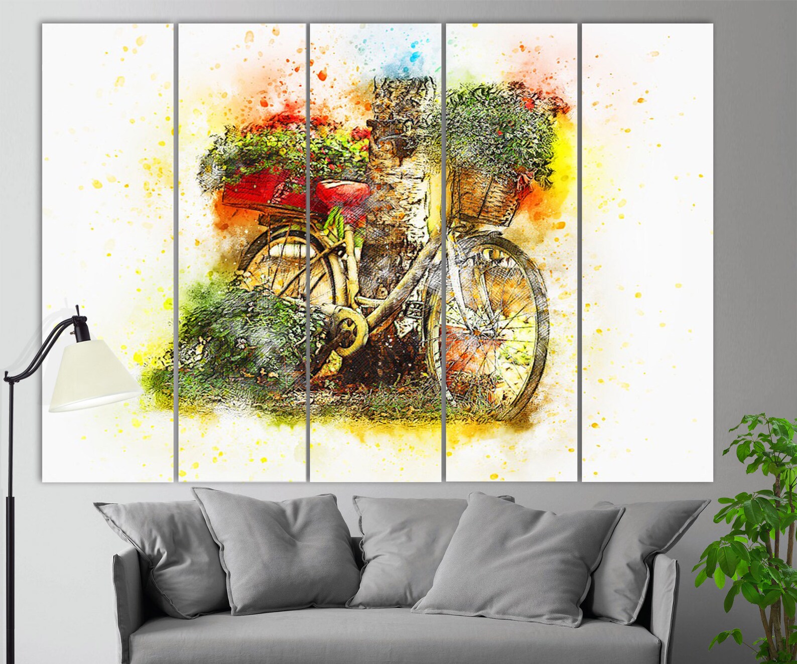 Vintage Watercolor Bicycle With Flowers Canvas Print, Modern Canvas Art