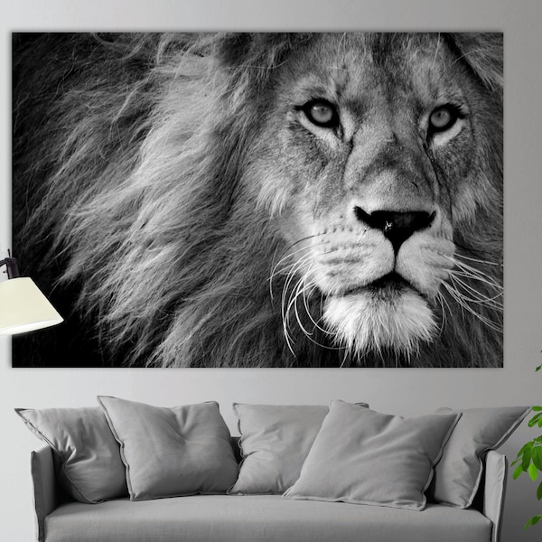 Impression de toile de lion, décor de mur de lion, visage de lion, photo de lion, lion noir et blanc, art de mur de lion, affiche de lion, impression de lion, grande toile de lion