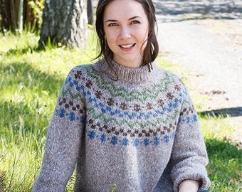 May include: A gray knit sweater with a round neckline and long sleeves. The sweater features a patterned yoke with blue, green, and brown floral designs. The person is wearing blue jeans and is sitting in the grass.