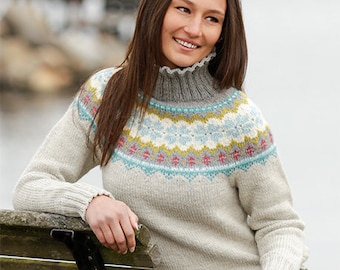 Hand knitted fair isle nordic sweater with round yoke in alpaca and wool yarn
