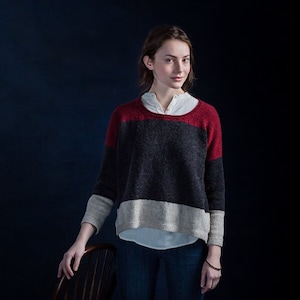 Hand knitted colour block pullover in merino and alpaca yarn. Mix your own colours