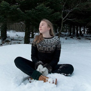 Icelandic ir lopapeysa style sweater with colour work round yoke in pure icelandic wool
