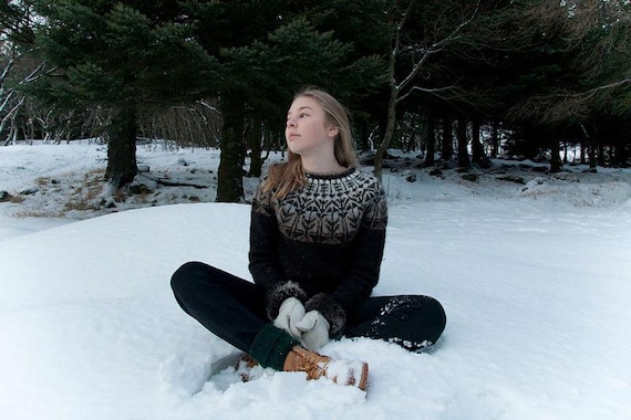 Icelandic ir lopapeysa style sweater with colour work round yoke in pure icelandic wool