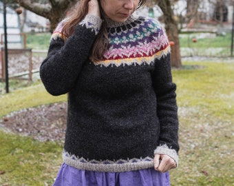 Black Nordic Icelandic pullover with coloured yoke in lettlopi yarn