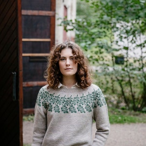 Hand Knitted Fair Isle Wool Sweater, Floral Yoke Design