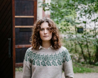 Pull en coton jacquard tricoté à la main avec un motif de feuilles en fil 100 % laine, 48 couleurs disponibles