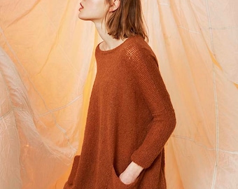 Oversized  long sweater with pockets in mohair and silk yarn, 50 colours available