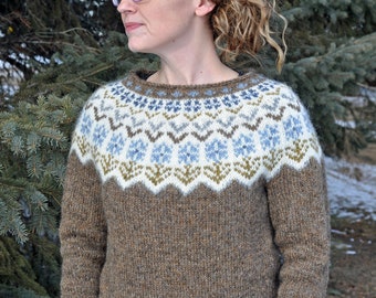 Brown lopapeysa or lopi sweater with floral motifs