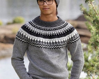 Hand knitted nordic or icelandic sweater in 100% wool yarn