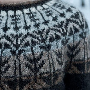 May include: Close-up of a knitted sweater with a geometric pattern. The sweater features a combination of black, gray, and brown colors. The design includes repeating shapes and lines, creating a textured appearance. The sweater's neckline is visible.