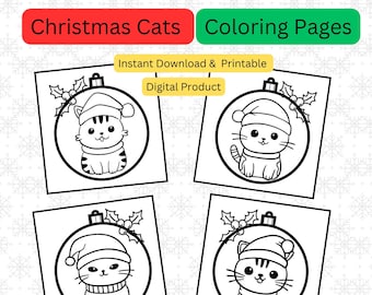 Christmas Cats Coloring | Digital | Holiday | Santa Hat Kitten | PDF Printable | Ornaments | Winter Activity Page | Kids|Students| Classroom