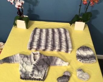 Juego de bebé gris a blanco con manta, recién nacido de 0 a 3 meses