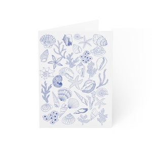 Tarjetas de felicitación costeras en blanco en blanco y azul (1, 10, 30 y 50 piezas), tarjetas de conchas marinas, tarjetas de coral, tarjetas con estampado de conchas, tarjetas con estampado de coral