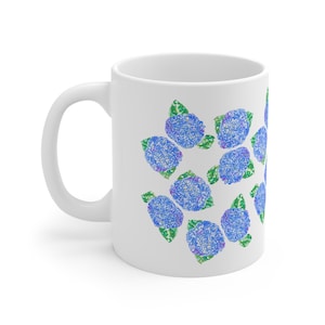 Blue Hydrangea Mug, Hydrangea Print Ceramic Mug, Hydrangea Mug, Coastal Print Mug, Coastal Mug, Floral Print Mug, Costal Print Mug