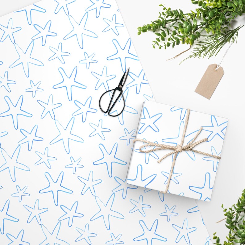 Starfish Print Wrapping Paper, Blue Starfish Wrapping Paper, Starfish Wrapping Paper, Starfish Gift Wrap, Coastal Wrapping Paper image 3