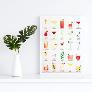 Impresión de carteles de cócteles, tipos de arte de cócteles, póster de cócteles minimalista, arte de 25 cócteles, decoración de carrito de bar, arte de bar, arte de pared de cocina