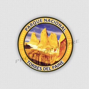 May include: A yellow and blue round badge with the text "Parque Nacional Torres del Paine" and a picture of mountains.