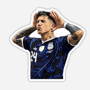 May include: A sticker illustration of a soccer player with dark hair and tattoos on both arms, wearing a black jersey with blue swirling patterns, the number 24, and the AFA logo. The player has hands cupped behind ears in a listening gesture.