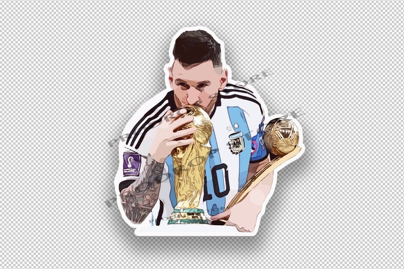 Peut inclure: Un autocollant repr&eacute;sentant un joueur de football portant un maillot bleu et blanc en train d'embrasser un troph&eacute;e dor&eacute;. Le joueur porte un maillot &agrave; rayures noires et blanches avec le num&eacute;ro 10 dans le dos. Le troph&eacute;e est le troph&eacute;e de la Coupe du Monde de la FIFA.