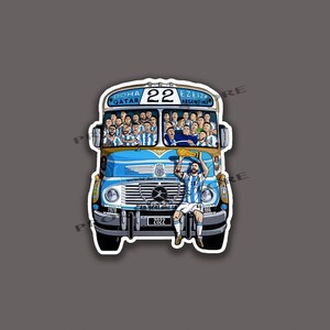 May include: A blue and white bus with the text "DOHA QATAR" and "EZEIZA ARGENTINA" on the front. The bus is filled with people wearing blue and white jerseys. The number "22" is on the side of the bus. The year "2022" is on the front of the bus.