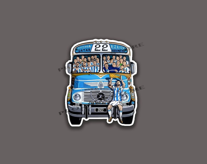 May include: A blue and white bus with the text "DOHA QATAR" and "EZEIZA ARGENTINA" on the front. The bus is filled with people wearing blue and white jerseys. The number "22" is on the side of the bus. The year "2022" is on the front of the bus.