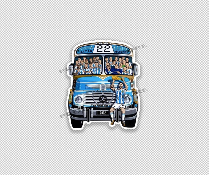May include: A blue and yellow cartoon bus with the text "DOHA QATAR 22 EZEIZA ARGENTINA" on the front. The bus is filled with cartoon people wearing blue and white jerseys. A cartoon person wearing a blue and white jersey is hanging out of the bus window holding a trophy.