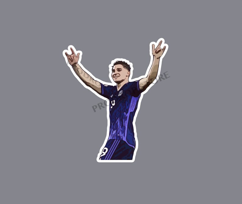 May include: A digital illustration of a football player celebrating a goal. The player is wearing a purple and black jersey with white trim. The player has their arms raised in the air and is smiling.