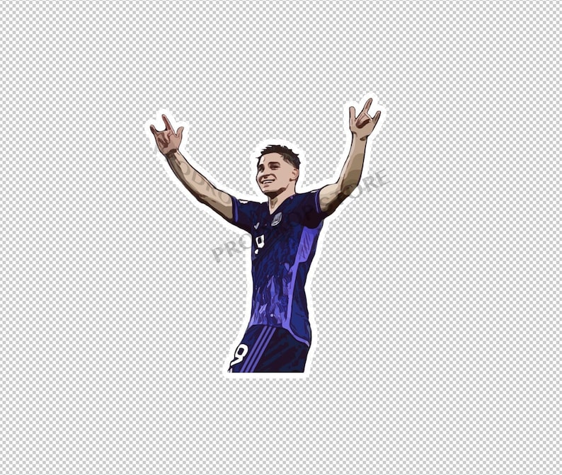 May include: A football player in a purple shirt with a white number 9 on the front celebrates scoring a goal with his arms raised in the air.