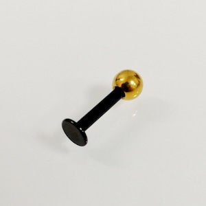 Labret barbell, Black, gold ball, body jewelry. Surgical Steel hypoallergenic, 14g, 1.6 jewelry,Anodized. Lips, tragus, helix, conch, daith