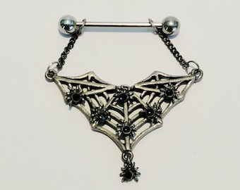 Industrial or Nipple piercing barbell, Nipple Barbell,  Spiderweb, Dangling barbell, Gothic barbell, 14G, Adjustable size. TITANIUM