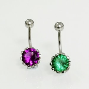 Minimal belly ring jewelry with gemstone. TITANIUM Barbell belly button jewelry with silver attachment. Green gemstone or purple