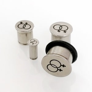 Two female symbols ear PLUGS with O-ring Gauges. Surgical steel ear plugs. Silver and black design, LGBT earrings Gauge plugs.