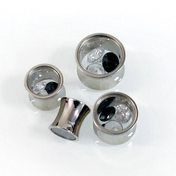 Ohr Plug mit Glas und Faux Diamanten Ohrstecker, Ohr Tunnel Tunnelschablone, CHIRURGENSTAHL. Double Flared Tunnel für Männer und Frauen