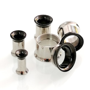 Ear Tunnels, Internally threaded, black, silver color plated, mirror polished surgical steel, flesh tunnel, screw, plug tunnels, ear gauge