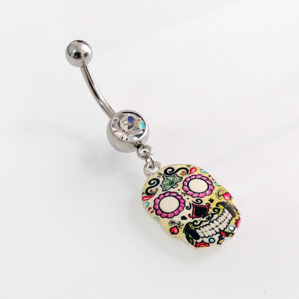 Belly ring with sugar skull Charm. Body jewelry. Surgical steel belly ring, Dangling belly jewelry with epoxy charm. Colorful belly ring