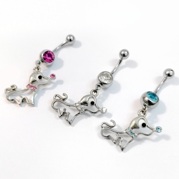 TITANIUM belly ring- Pink, Teal, Clear gemstones belly ring 14g - dog, animal, poodle, puppy belly ring Gift, navel belly ring-Free shipping