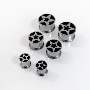 One PAIR of Surgical steel ear plugs. 12mm, 10mm, 6mm. FREE SHIPPING included. Ear gauges black and silver star design. Body jewelry earring