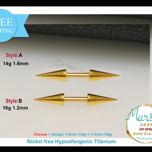 septum, Long spikes, 16g, 14g barbell. Nickel free TITANIUM. Barbell straight, earlobe 1.2mm, 1.6mm, Unique body jewelry, extreme spikes