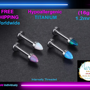 Labret barbell lips body Piercing jewelry, Titanium, Internally Threaded, 16g, Opal Iridescent, cheek, tragus, helix, daith, eyebrow, Monroe